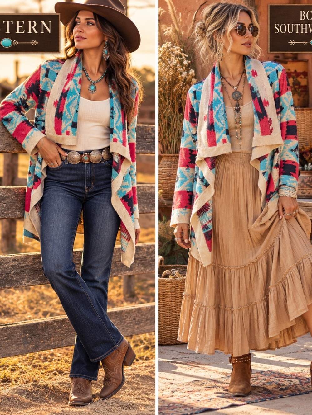 Kate Collection Southwestern Waterfall Cardigan Size L Turquoise Coral Western